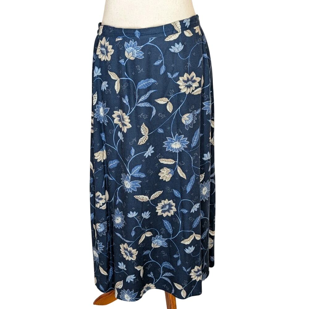 Vintage Talbots Blue Floral Print Maxi Skirt Women's 14P Linen Blend Cottagecore